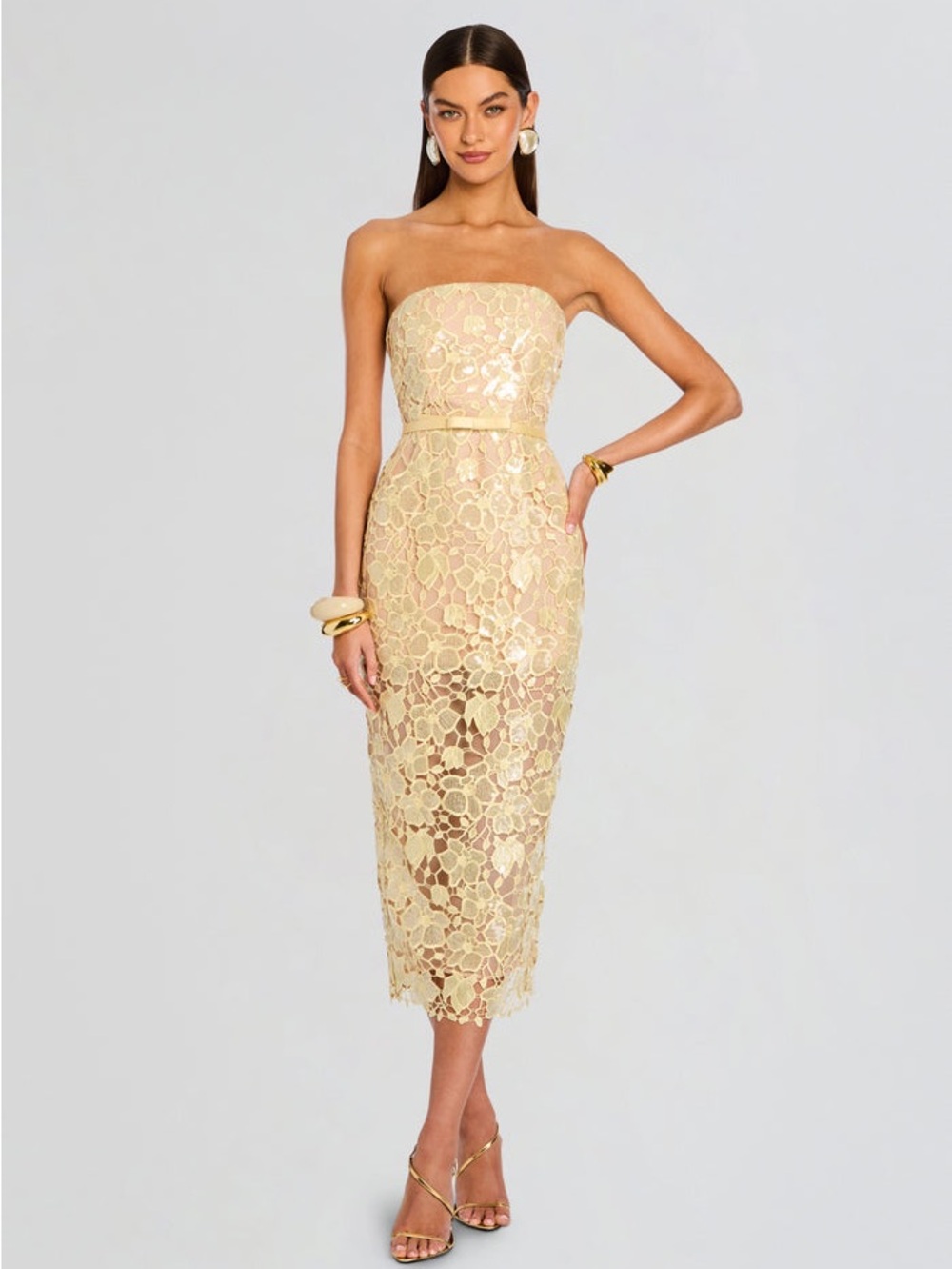 Retrofete Strapless Lace Sequin Midi Dress in Light Yellow